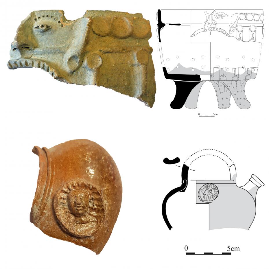 Ces deux récipients révèlent par leurs motifs et leur forme les réalisations originales des potiers au début du XVIIe siècle. 