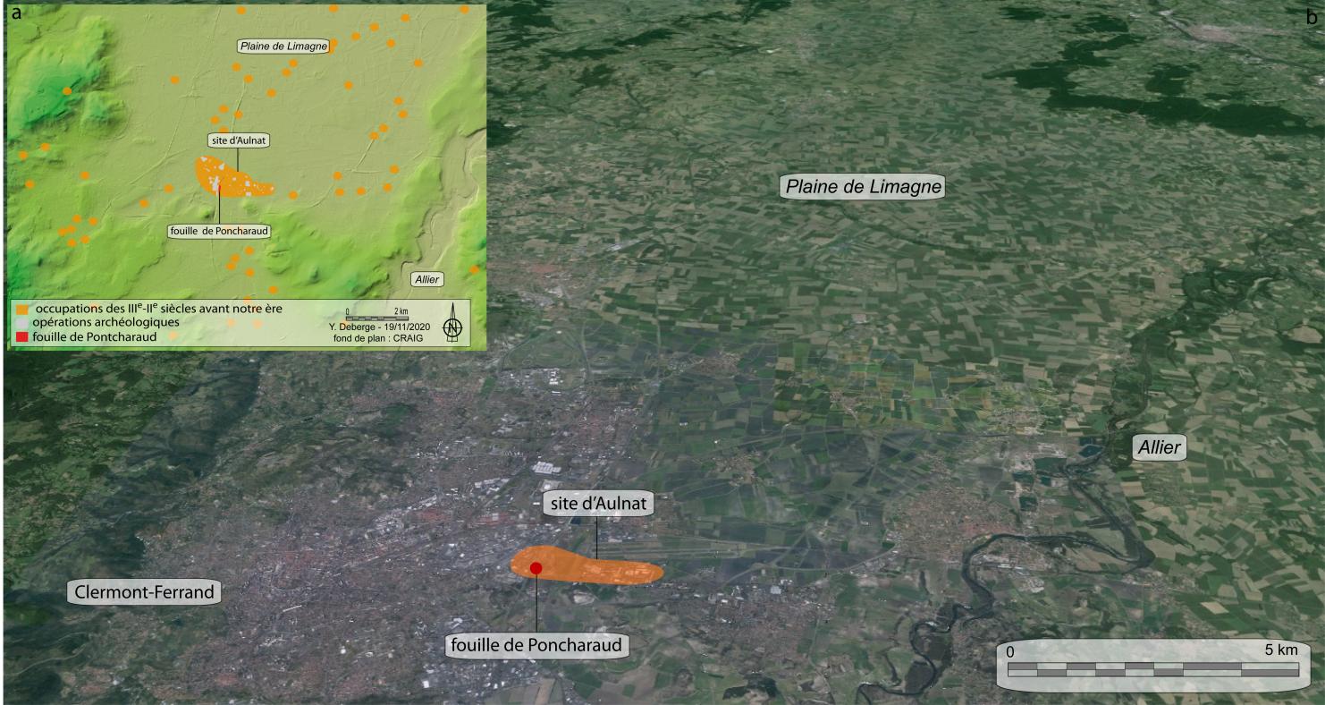 Le site d’Aulnat en bordure de la plaine agricole de la Limagne, entre monts Dôme et vallée de l’Allier, à la période gauloise (a) et aujourd’hui (b).