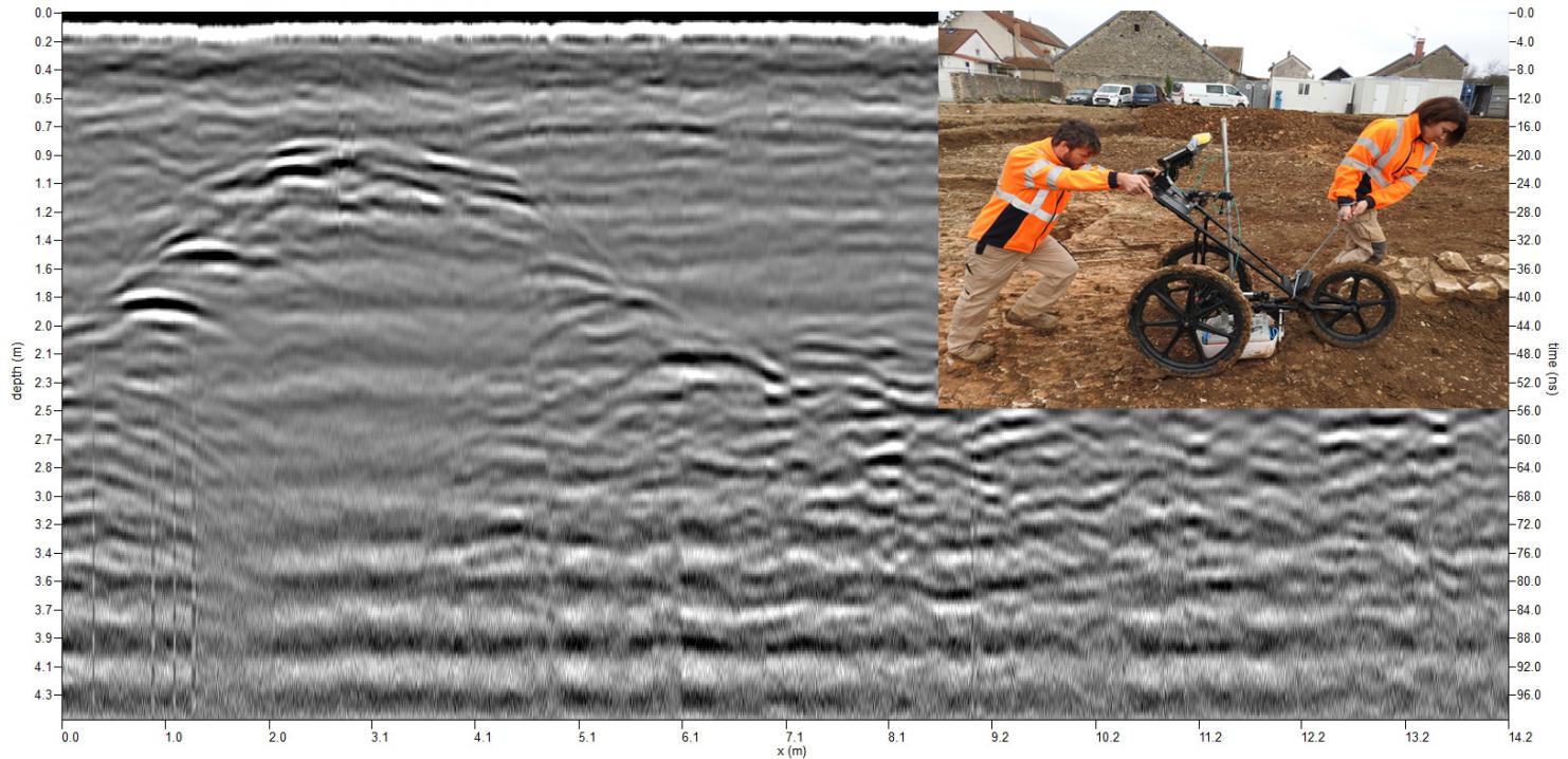 On voit se dessiner sur l’écran du radar le toit de la cavité avec un sommet situé aux alentours de 90 cm sous la surface. En haut à droite, le géophysicien, secondé par un membre de l’équipe, sillonne le terrain pour repérer les anciennes carrières.