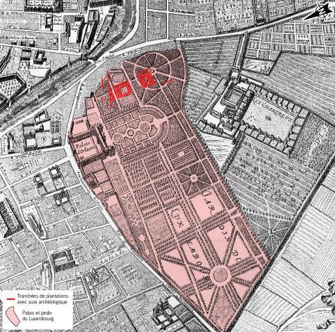 Le Palais du Luxembourg et l’emprise de son jardin en 1650, colorés sur un extrait du plan de Paris de Jacques Gomboust daté de la même époque. 
