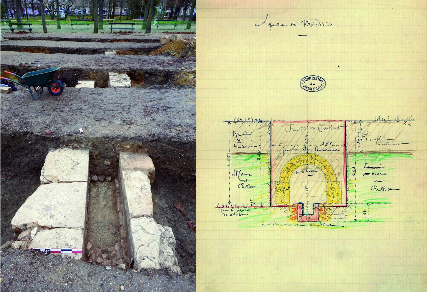 À gauche, la canalisation de 1624 dérasée et recoupée par les tranchées de renouvellement des plantations dans du Jardin du Luxembourg au sud du Préau Saint-Michel. À droite, une coupe de la galerie courante de l’aqueduc d’Arcueil, établie par Charles Magne rue Gazan en 1914, correspondant au n° 19 rue de la Cité universitaire.