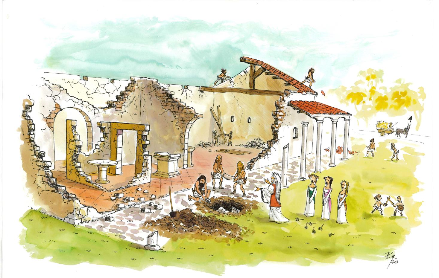 Illustration du démantèlement des premières constructions antiques et de la préparation de la cérémonie religieuse sur le site des Courates. © Romain Lecocq, Inrap