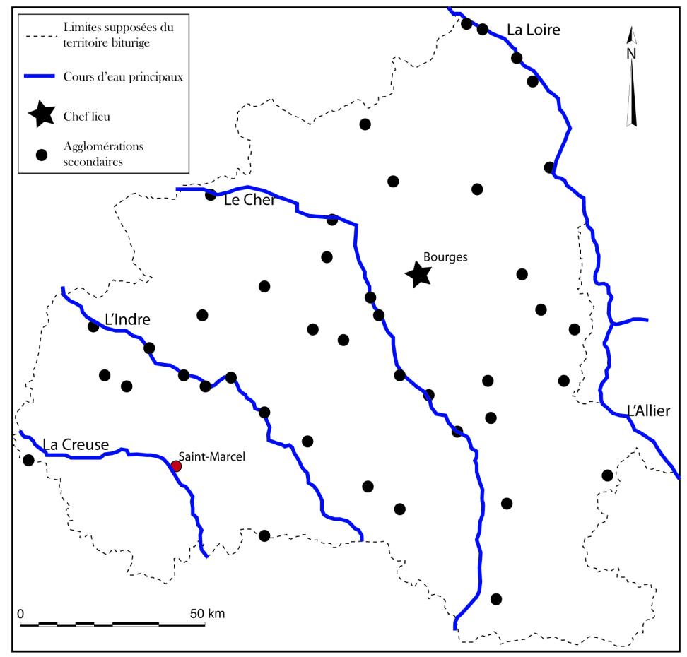 Bourges (Avaricum), Saint-Marcel (Argentomagus) et les agglomérations du territoire biturige.