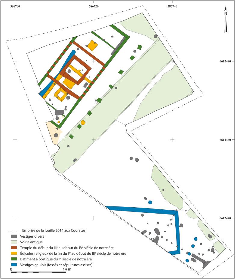 Regroupés par période, les principaux vestiges du chantier de fouille des Courates.  